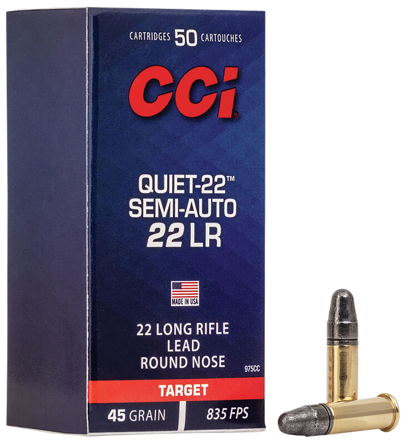 CCI Quiet-22 Semi-Auto Rimfire Ammunition 975CC, 22 Long Rifle, Lead Round Nose (RN), 45 GR, 835 fps, 50 Rd/bx