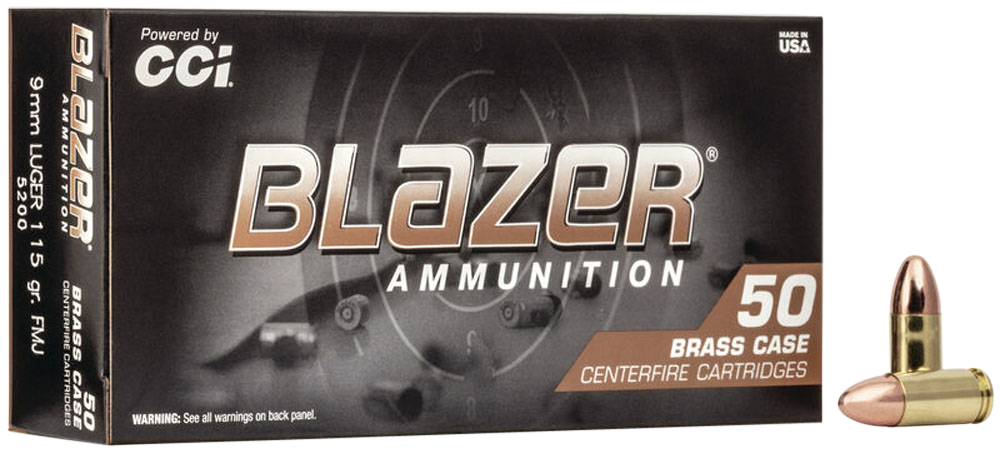 CCI Blazer Brass Pistol Ammunition 5200, 9mm, Full Metal Jacket (FMJ), 115 GR, 1145 fps, 50 Rd/bx