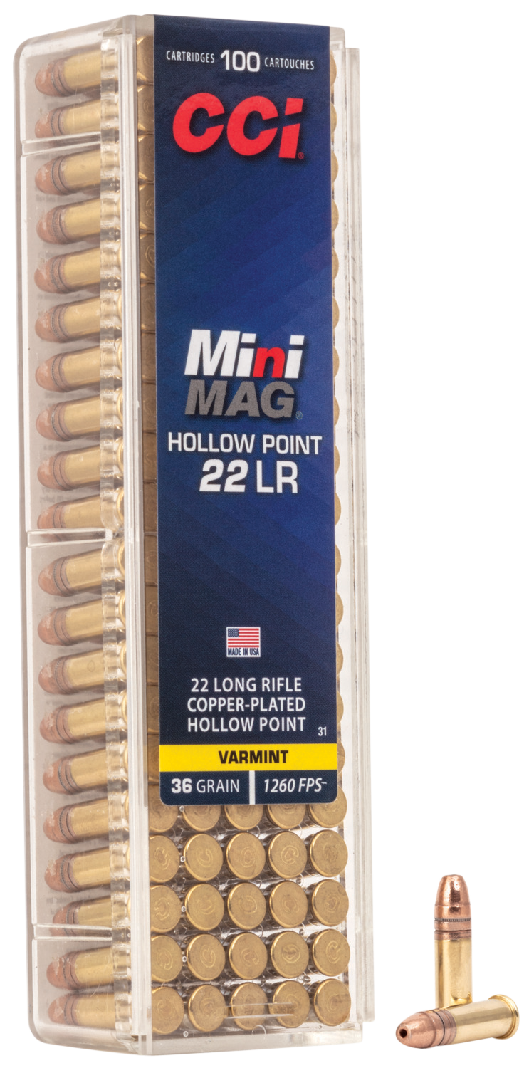 CCI Mini-Mag HP Varmint Rimfire Ammunition 0031, 22 Long Rifle, Hollow Point (HP), 36 GR, 1260 fps, 100 Rd/bx