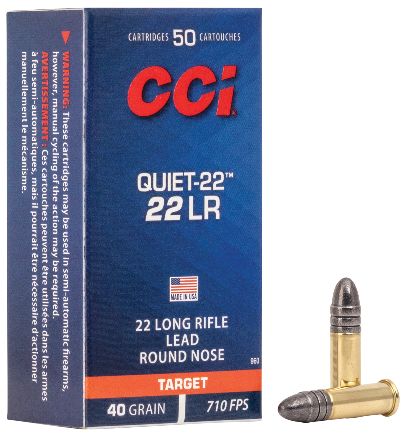 CCI Quiet SubSonic Rimfire Ammunition 960, 22 Long Rifle, Lead Round Nose (RN), 40 GR, 710 fps, 50 Rd/bx