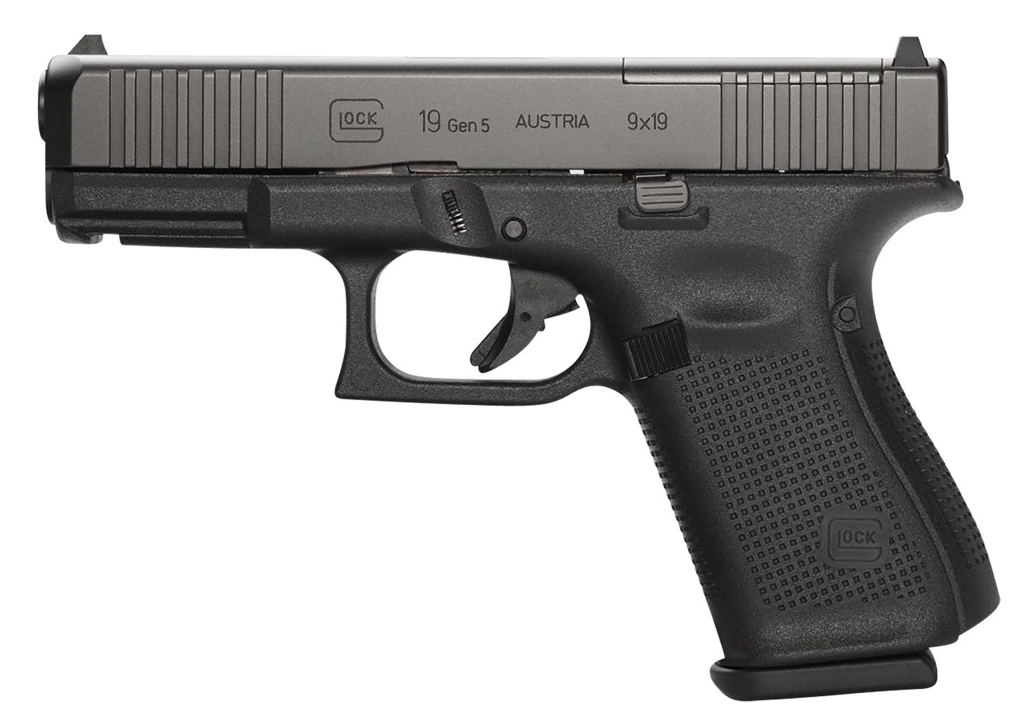 Glock 19M Gen5 MOS Pistol UMA195S203MOS, 9mm, 4.02 in, Black Polymer Grip, Black nDLC Slide, Fixed Sights w/MOS Cutout, 15 Rds