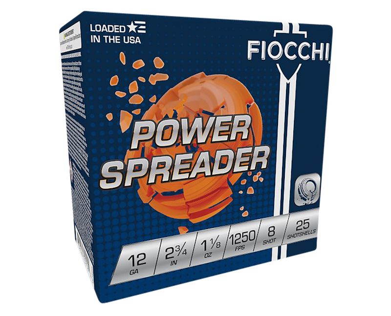 Fiocchi Power Spreader Shotshells 12SSCX8, 12 Gauge, 2-3/4", 1-1/8 oz, 1250 fps, #8 Lead Shot, 25 Rds/Bx
