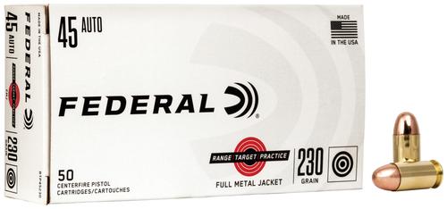 Federal Range Target Practice Handgun Ammunition, 45 ACP, Full Metal Jacket, 230 Gr, 830 fps, 50 Rd/bx