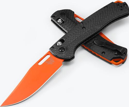Benchmade Taggedout Knife w/Plain Edge Clip-Point Orange Cerakote Blade, Carbon Fiber Handle