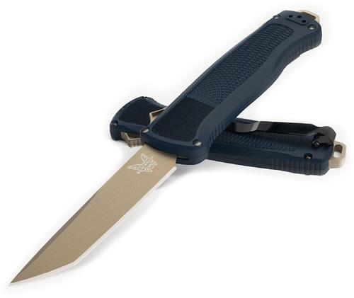 Benchmade Shootout Out The Front Knife w/ Plain Edge FDE Tanto Blade, Crater Blue Grivory Handle