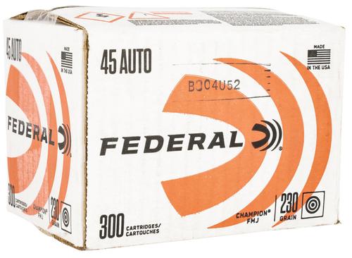 Federal Champion Pistol Ammunition, 45 ACP, Full Metal Jacket, 230 gr, 845 fps, 300 Rd/Bx