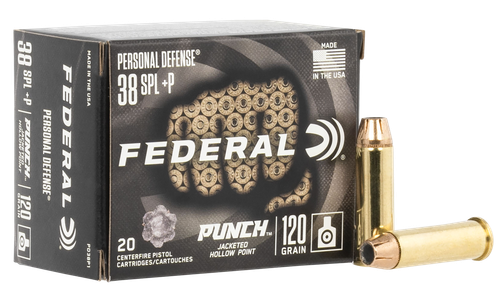 Federal Premium Punch Pistol Ammunition, 38 Special, Jacketed Hollow Point (JHP), 120 gr, 1000 fps, 20 Rd/Bx