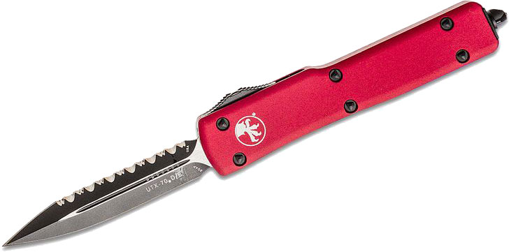 Microtech UTX-70 Out-The-Front Automatic Knife, Black Plain & Serrated Double Edge Dagger Blade, Red (147-3RD)