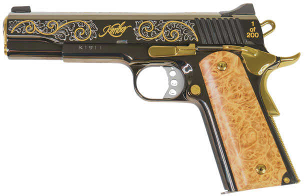 Custom & Collectible Black Deluxe Edition Kimber 1911 CNCBLKCLASS38, 38 Super, 5", Maple Burl Grips, Engraved w/ 24kt Gold, Polished Finish, 8 Rds