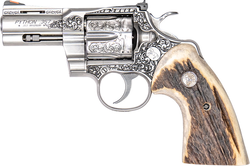 Custom & Collectible Engraved Colt Python CNCPYTHNSTAG3, 357 Magnum, 3", Stag Grips, Engraved Stainless Steel Finish, 6 Rds