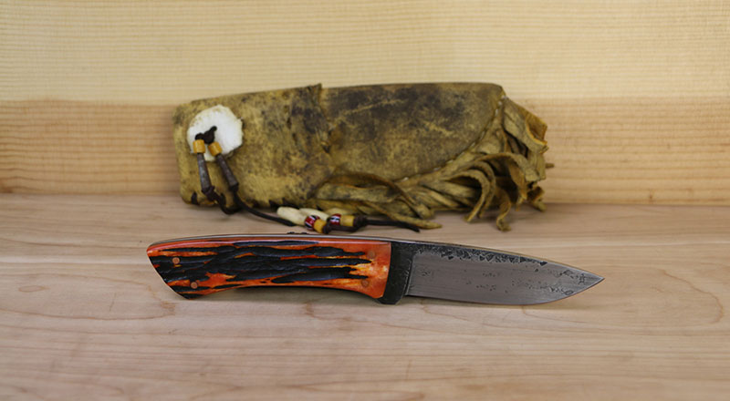 W. A. Surls Knives Frontier Hunter Fixed Blade Knife w/Amber Jigged Bone Handle, Buckskin Sheath (FRONTIERAMBER)