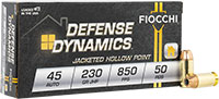 Fiocchi Shooting Dynamics Pistol Ammunition 45T, 45 ACP, Jacketed Hollow Point (JHP), 230 GR, 850 fps, 50 Rd/bx