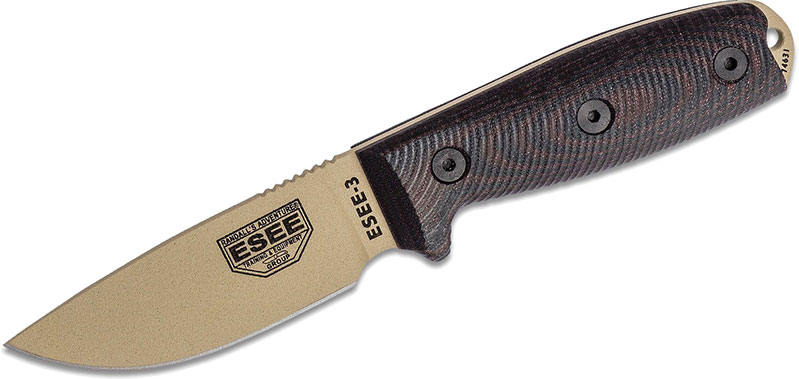 ESEE Knives ESEE-3 Fixed Blade Knife w/Desert Tan Drop Point Blade, Blood/Black 3D G10 Handle (3PMDT-004)