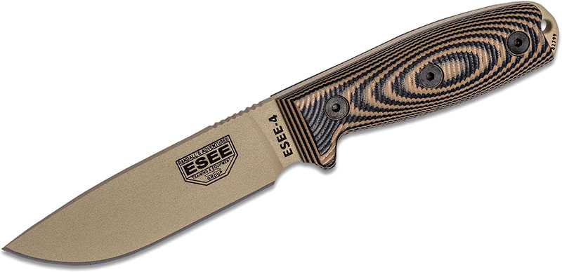 ESEE Knives ESEE-4 Fixed Blade Knife w/Desert Tan Drop Point Blade, Coyote/Black 3D G-10 Handle (4PDT-005)