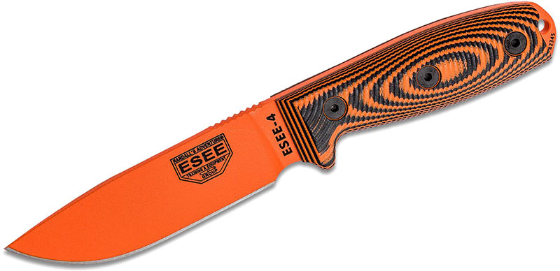 ESEE Knives ESEE-4 Fixed Blade Knife w/Orange Drop Point Blade, Orange/Black 3D G-10 Handle (4POR-006)