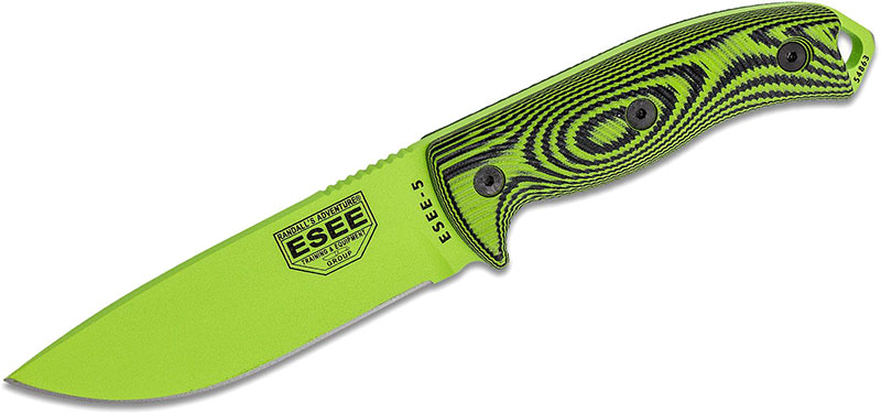 ESEE Knives ESEE-5 Fixed Blade Knife w/Venom Green Drop Point Blade, Neon Green/Black 3D G-10 Handle (5PVG-007)