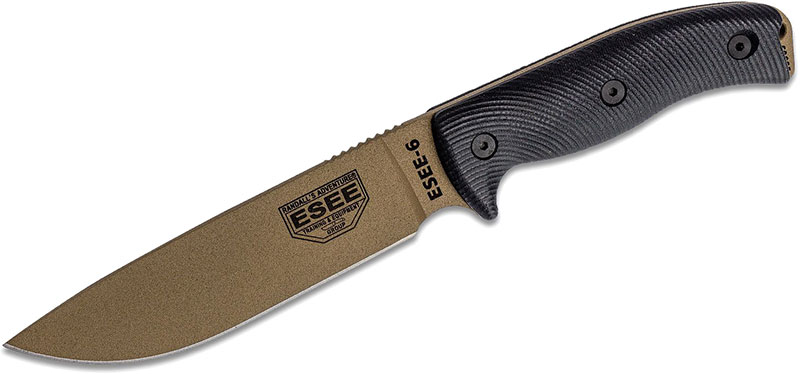 ESEE Knives ESEE-6 Fixed Blade Knife w/Dark Earth Drop Point Blade, Black 3D G-10 Handle (6PDE-001)