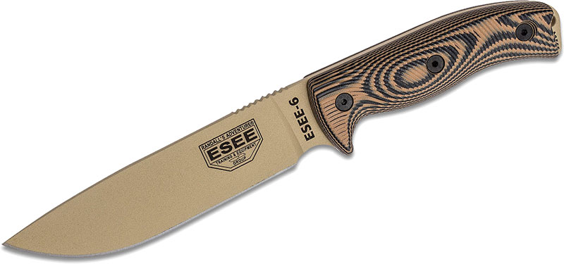 ESEE Knives ESEE-6 Fixed Blade Knife w/Desert Tan Drop Point Blade, Coyote/Black 3D G-10 Handle (6PDT-005)