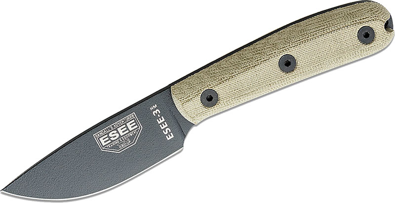 ESEE Knives ESEE-3HM Fixed Blade Knife w/Black Drop Point Blade, Black Kydex Sheath (ESEE-3HM-K)