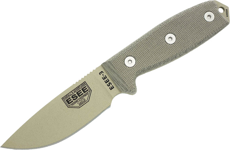 ESEE Knives ESEE-3 Fixed Blade Knife w/Tan Drop Point Blade, Plain Edge (ESEE-3P-KO-DT)