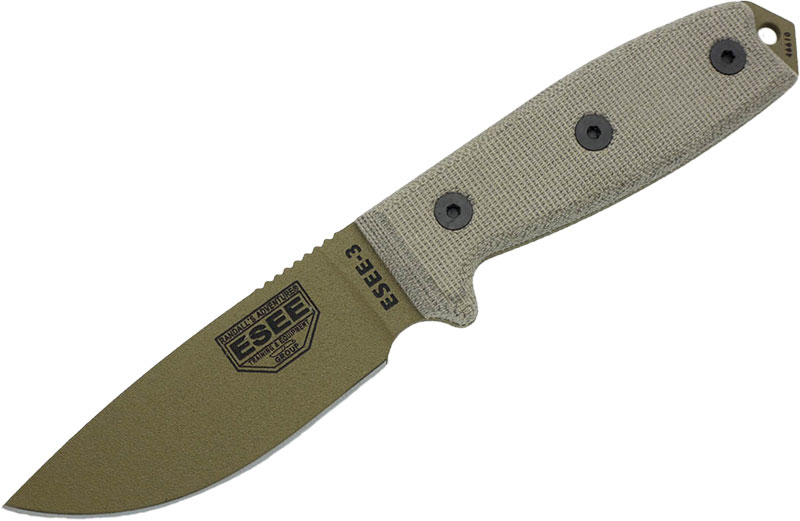 ESEE Knives ESEE-3 Fixed Blade Knife w/Dark Earth Blade, Black Sheath, MOLLE Back (ESEE-3P-MB-DE)