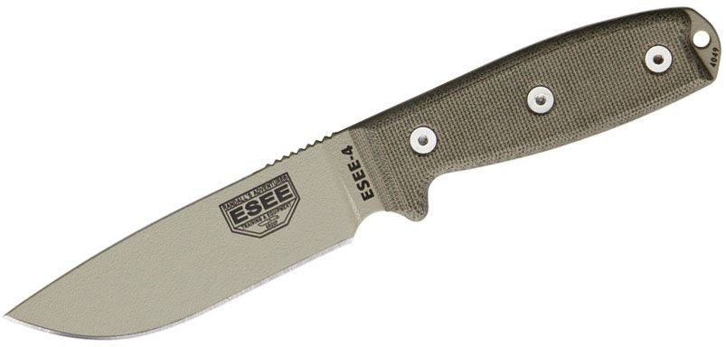 ESEE Knives ESEE-4 Fixed Blade Knife w/Desert Tan Plain Edge Blade, Olive Drab Sheath (ESEE-4P-DT)