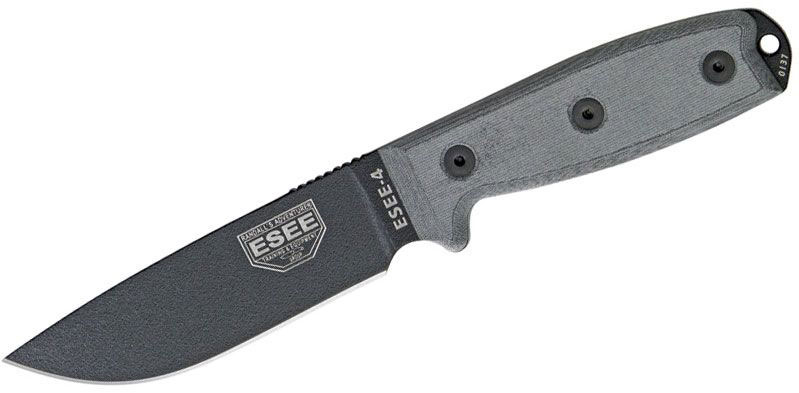 ESEE Knives ESEE-4 Fixed Blade Knife w/Black Blade, MOLLE Back, Coyote Brown Sheath (ESEE-4P-MB)