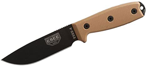 ESEE Knives ESEE-4 Fixed Blade Knife w/Black Plain Edge Blade, Coyote Brown Sheath (ESEE-4P)