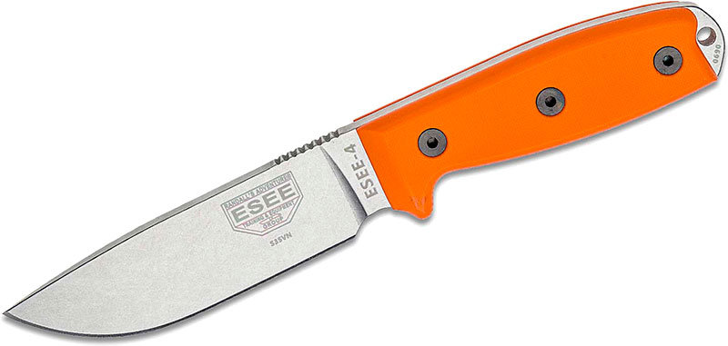 ESEE Knives ESEE-4 Fixed Blade Knife w/Stainless Drop Point Blade, Orange G10 Handle (ESEE-4P35V-OR)