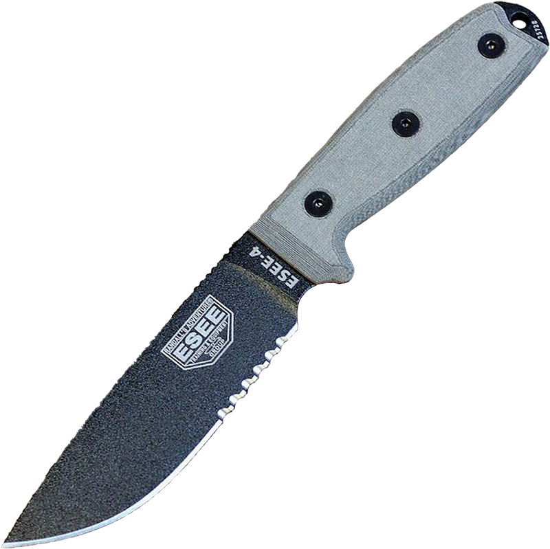 ESEE Knives ESEE-4 Fixed Blade Knife w/Black Partially Serrated Blade, Coyote Brown Sheath (ESEE-4S)