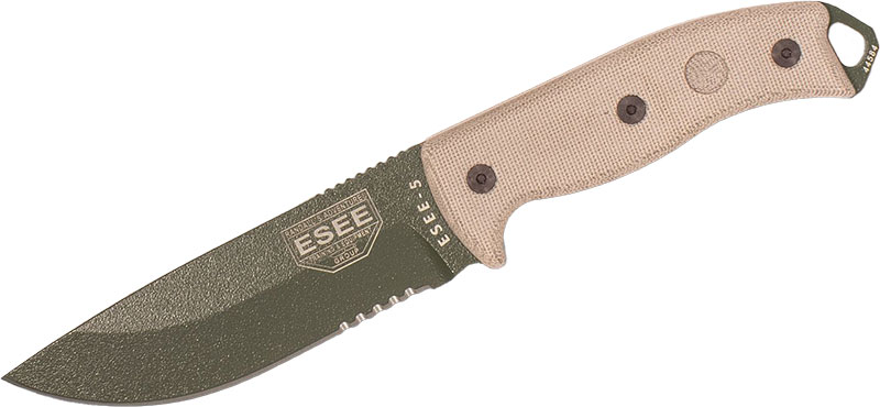 ESEE Knives ESEE-5 Fixed Blade Knife w/Olive Drab Partially Serrated Blade, Kydex Sheath (ESEE-5S-OD-E)