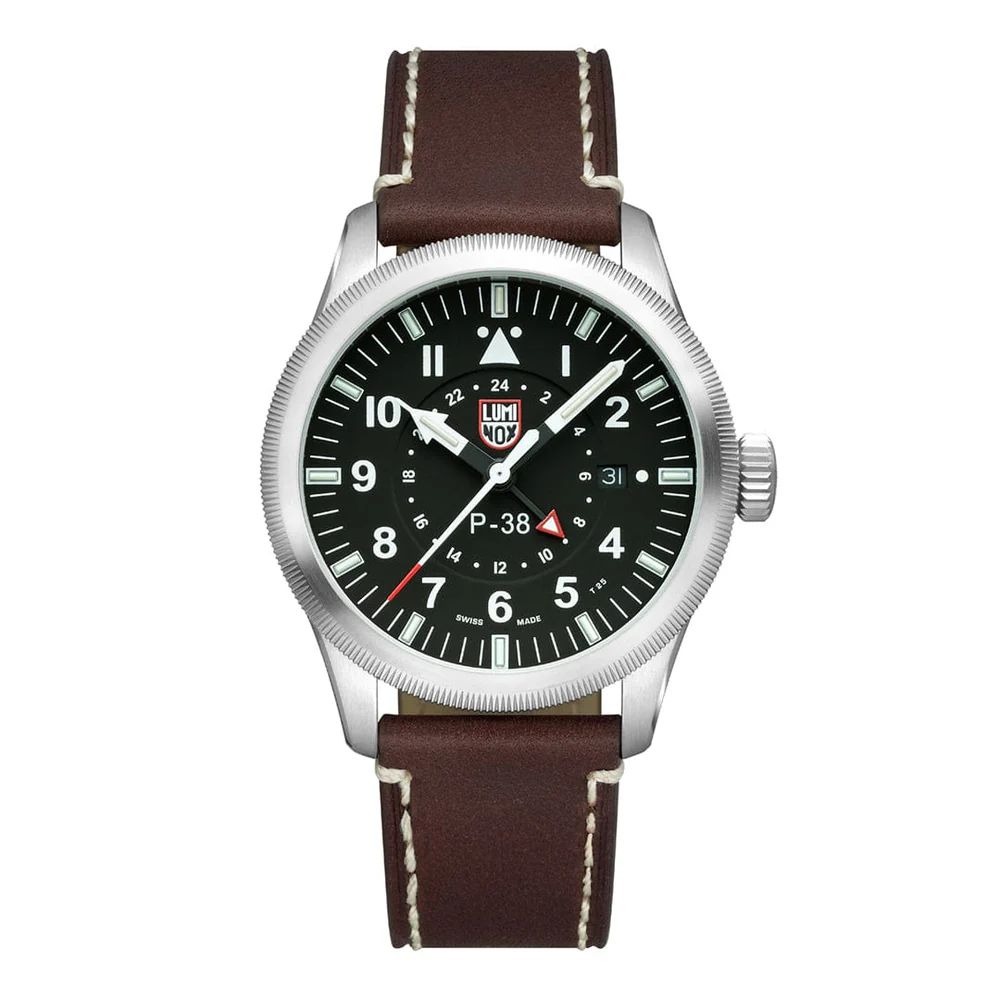 Luminox P-38 Lightning Watch XA.9522, Black  Dial, White Figures, 44mm, Brown Leather Strap