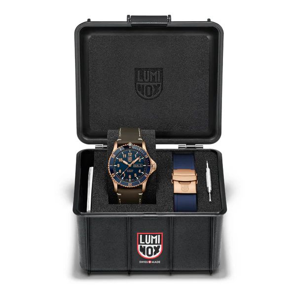 Luminox Limited Edition Sport Timer Automatic Bronze Watch XS.0923.SET, Blue Dial, Bronze Figures, 42mm, Brown Leather Strap