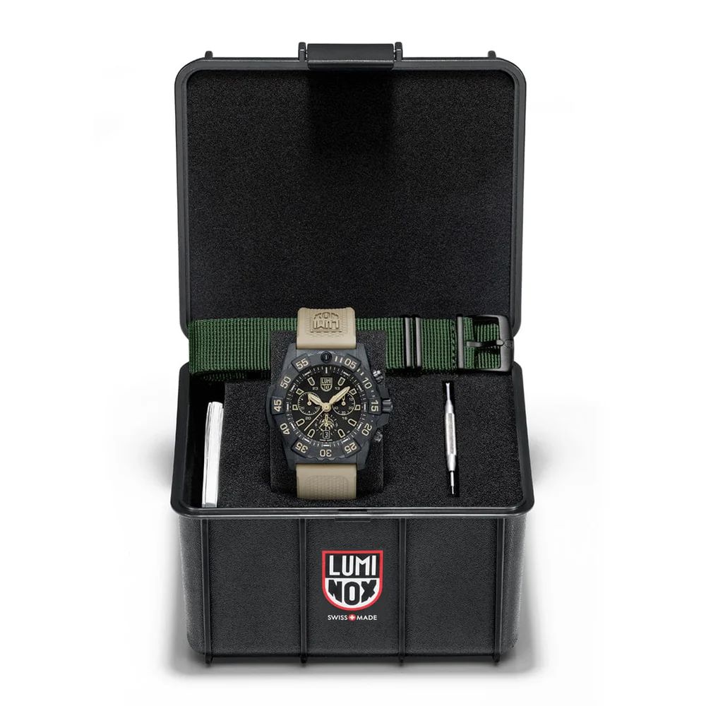 Luminox Navy Seal Foundation Chronograph Watch XS.3590.NSF.SET, Black Dial, Tan Figures, 45mm, Tan Rubber Strap