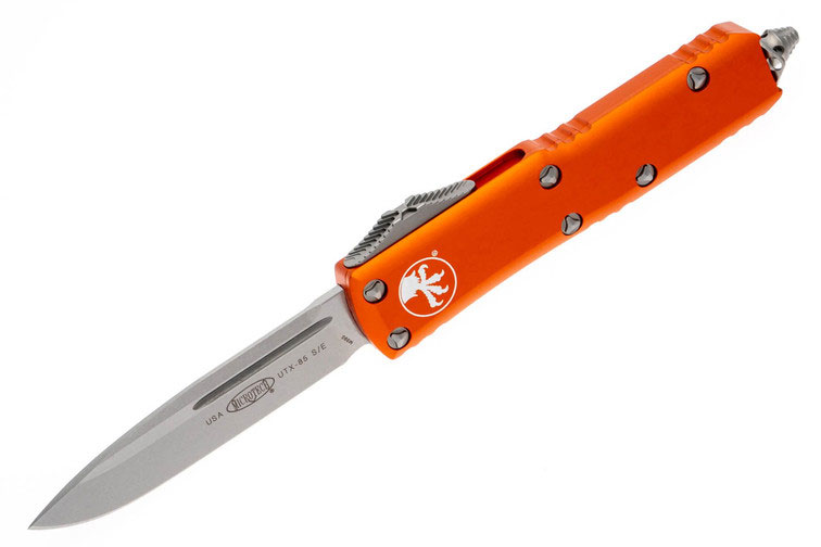 Microtech UTX-85 Out-The-Front Automatic Knife, Stonewash Serrated Blade, Orange Handles (231-10OR)