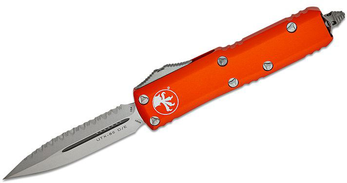 Microtech UTX-85 Out-The-Front Automatic Knife, Stonewash Partiial Serrated Double Edge Blade, Orange Handles (232-2OR)