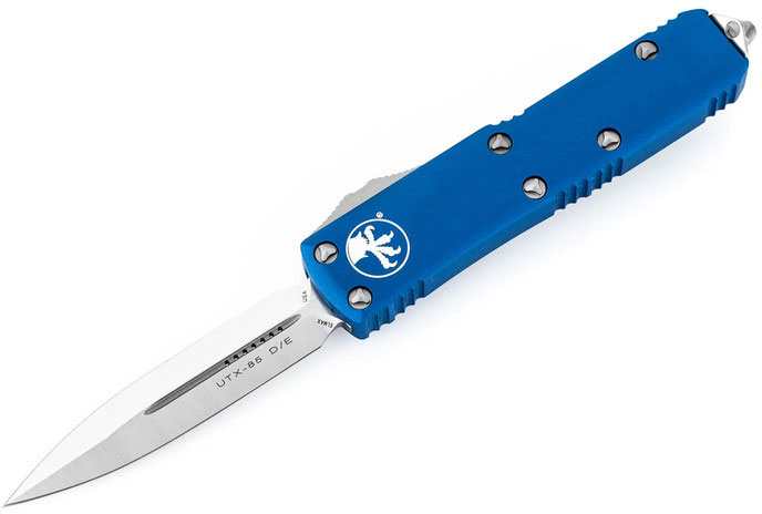 Microtech UTX-85 Out-The-Front Automatic Knife, Satin Standard Double Edge Blade, Blue Handles (232-4BL)