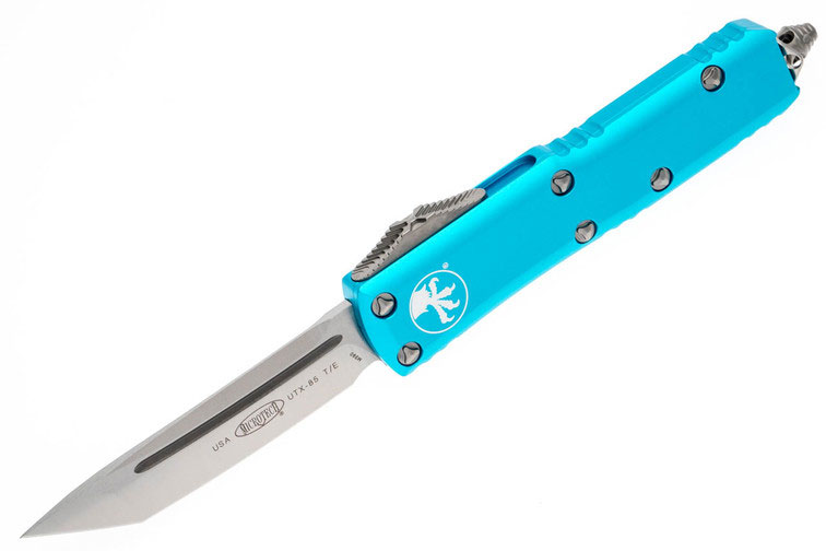 Microtech UTX-85 Out-The-Front Automatic Knife, Satin Standard Tanto Blade, Turquoise Handles (233-4TQ)