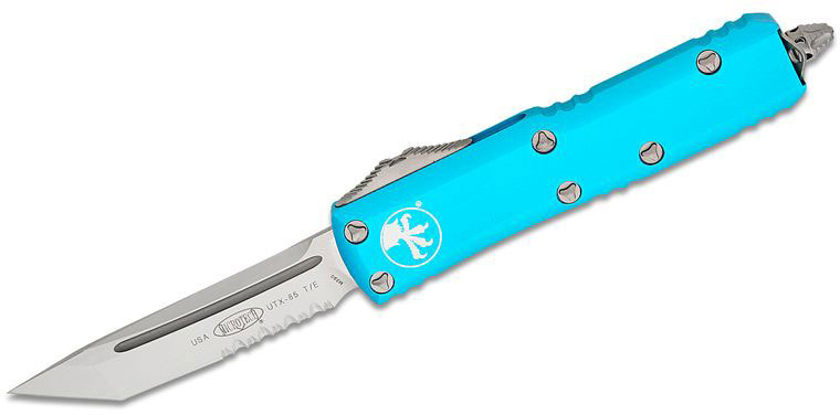 Microtech UTX-85 Out-The-Front Automatic Knife, Satin Partial Serrated Tanto Blade, Turquoise Handles (233-5TQ)