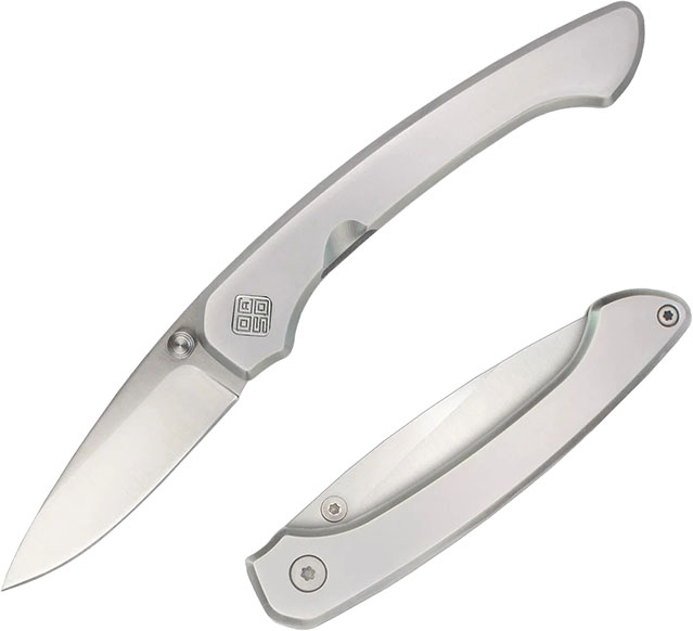 Ocaso Mini Seaton Folding Knife, Satin Leaf Shape Blade, Bead Blasted Stainless Handle (42SMS)