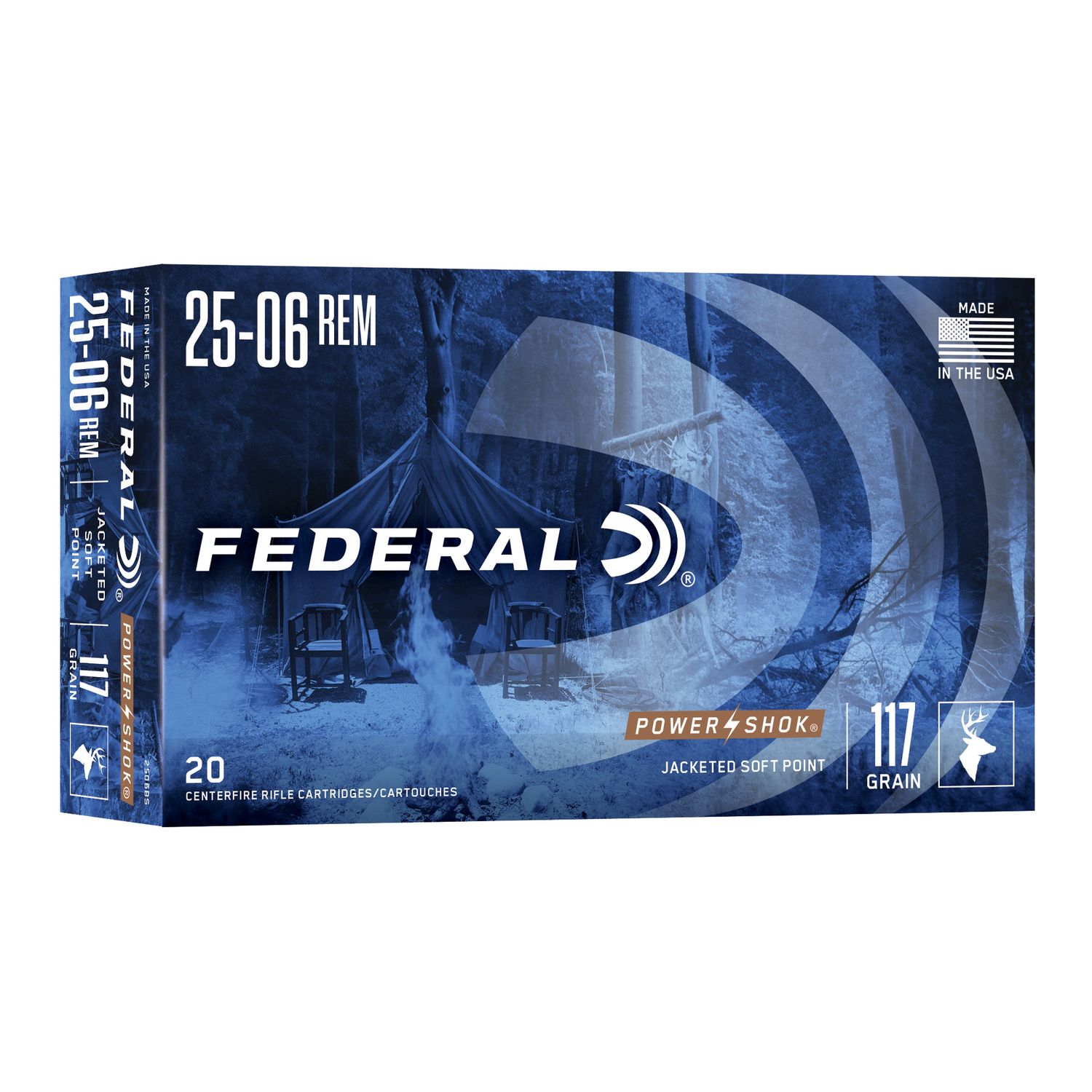 Federal Premium Power Shok Rifle Ammunition 2506BS, 25-06 Remington, Speer Hot-Cor SP, 117 GR, 2990 fps, 20 Rd/bx