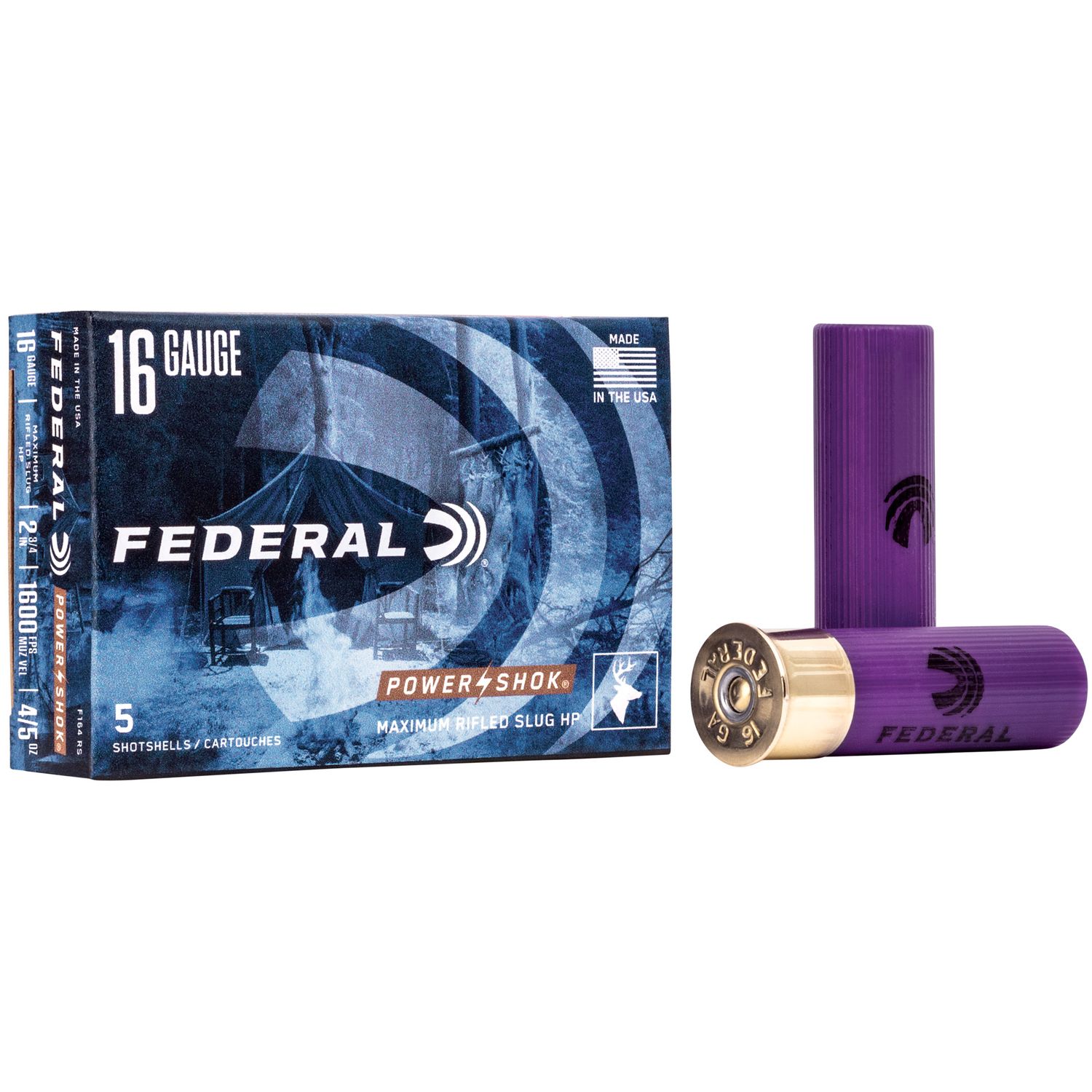 Federal Premium Power Shok F164RS, 16 Gauge, 2-3/4", 4/5 oz, 1600 fps, Lead Rifle Slug, 5 Rd/bx