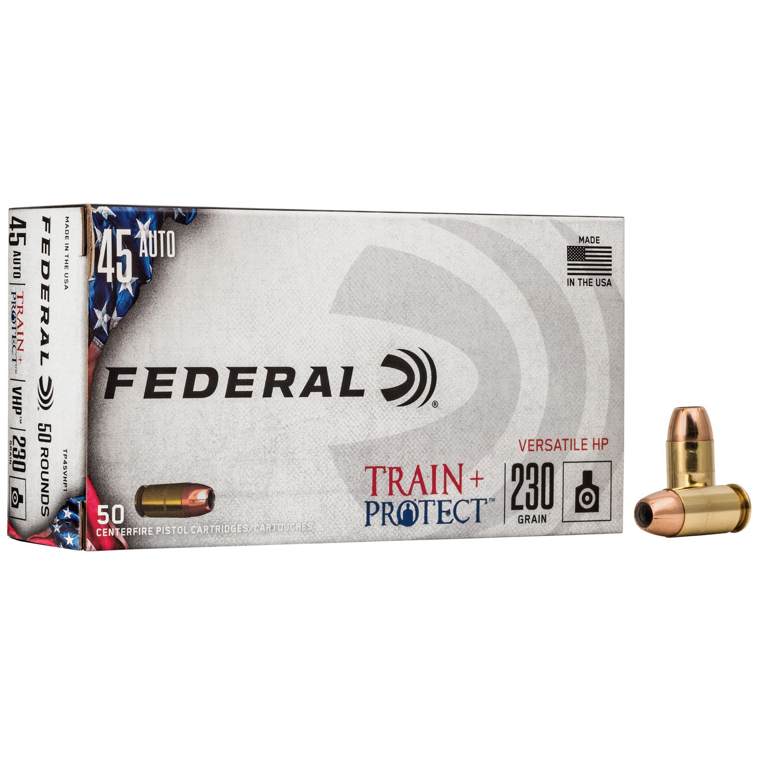 Federal Train & Protect Pistol Ammunition TP45VHP1, 45 Automatic Colt Pistol ACP, Verstile Hollow Point (VHP), 230 GR, 850 fps, 50 Rd/Bx