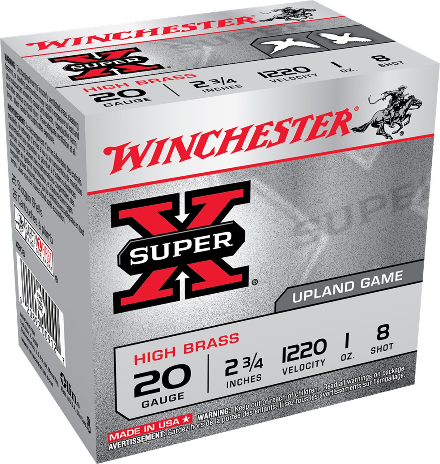 Winchester Super X High Brass Game Load X208, 20 Gauge, 2-3/4", 1 oz, 1220 fps, #8 Lead Shot, 25 Rds/Box