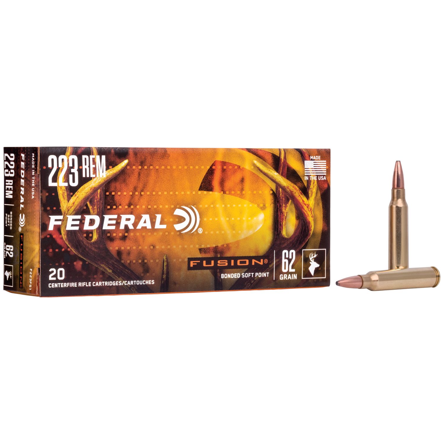 Federal Fusion Rifle Ammunition F223FS1, 223 Remington, Fusion Bullet, 62 GR, 3000 fps, 20 Rd/bx