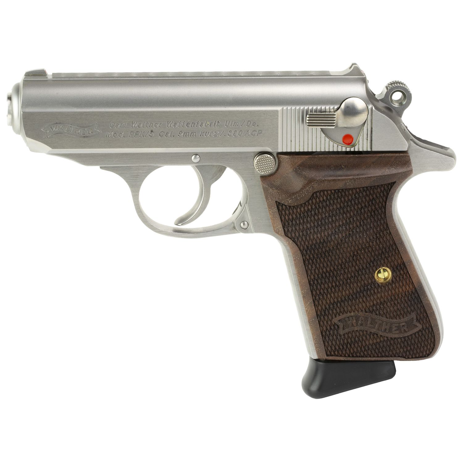 Walther PPK/S Semi-Auto Pistol 4796004WG, 380 ACP, 3.3", Walnut Grips, Stainless Finish, 7 Rd