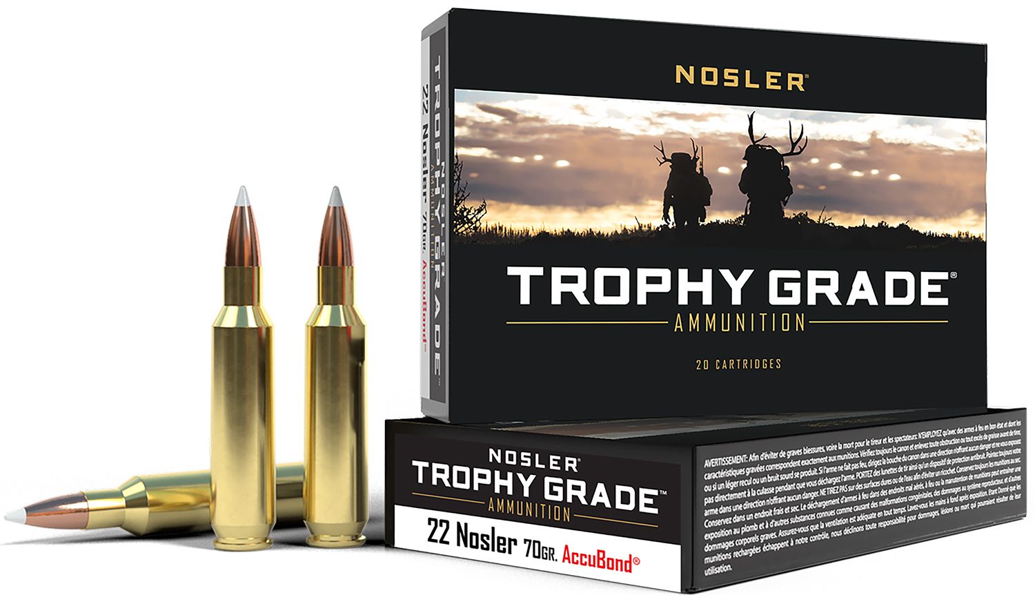 Nosler Trophy Grade Rifle Ammunition 60918, 22 Nosler, AccuBond, 70 GR, 3350 fps, 20 Rd/Bx