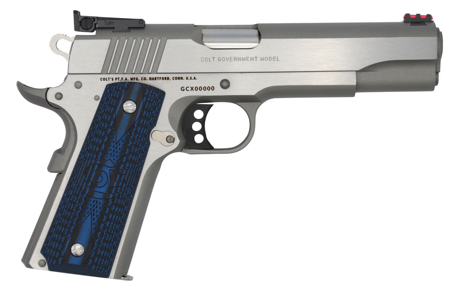 Colt Gold Cup Lite Pistol O5073GCL, 38 Super, 5", Blue G10 Checkered Grips, Stainless Finish, 8 Rds