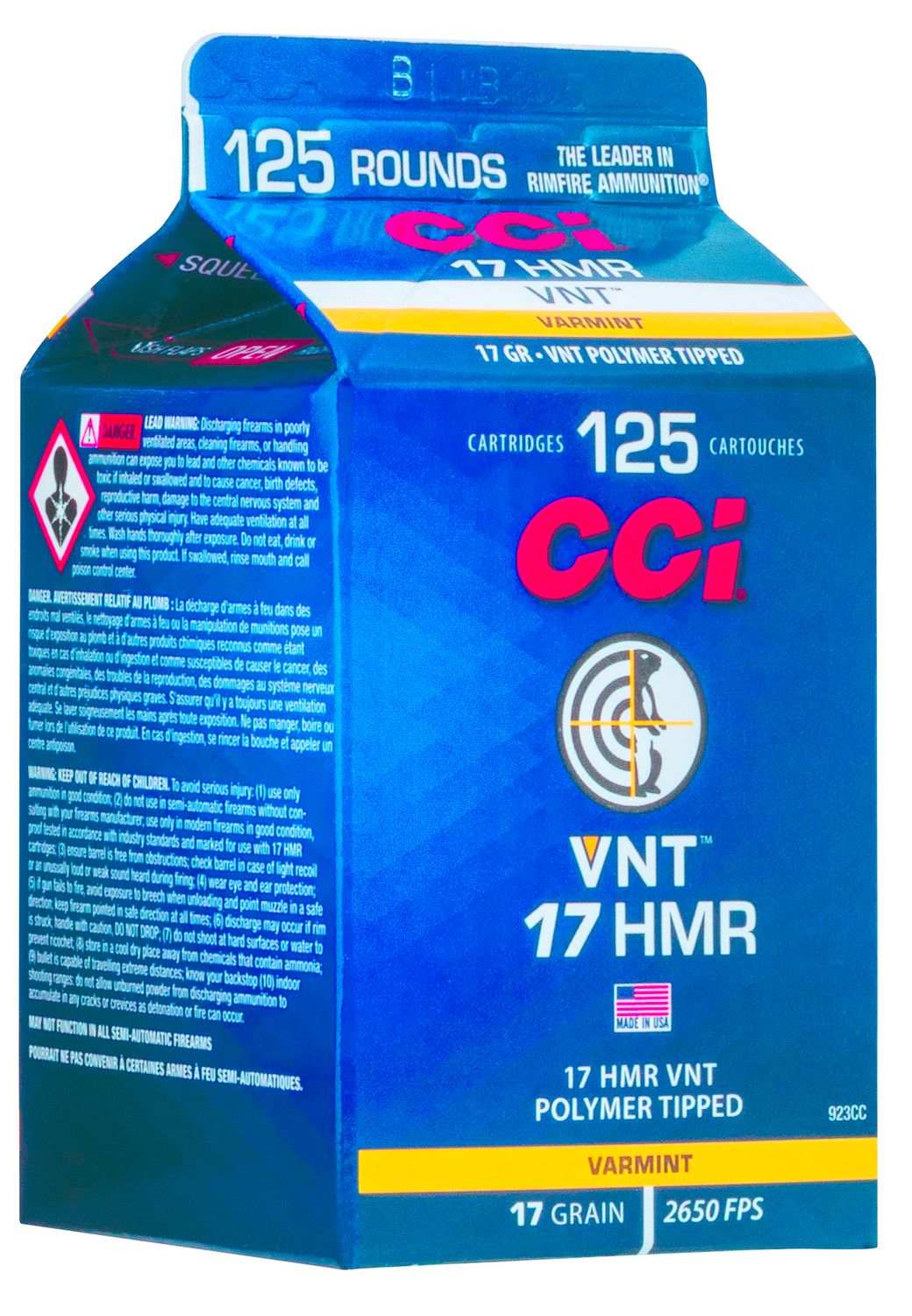 CCI Rimfire Ammunition 923CC, 17 HMR, Varmint Tipped, 17 gr, 2650 fps, 125 Rds/Bx