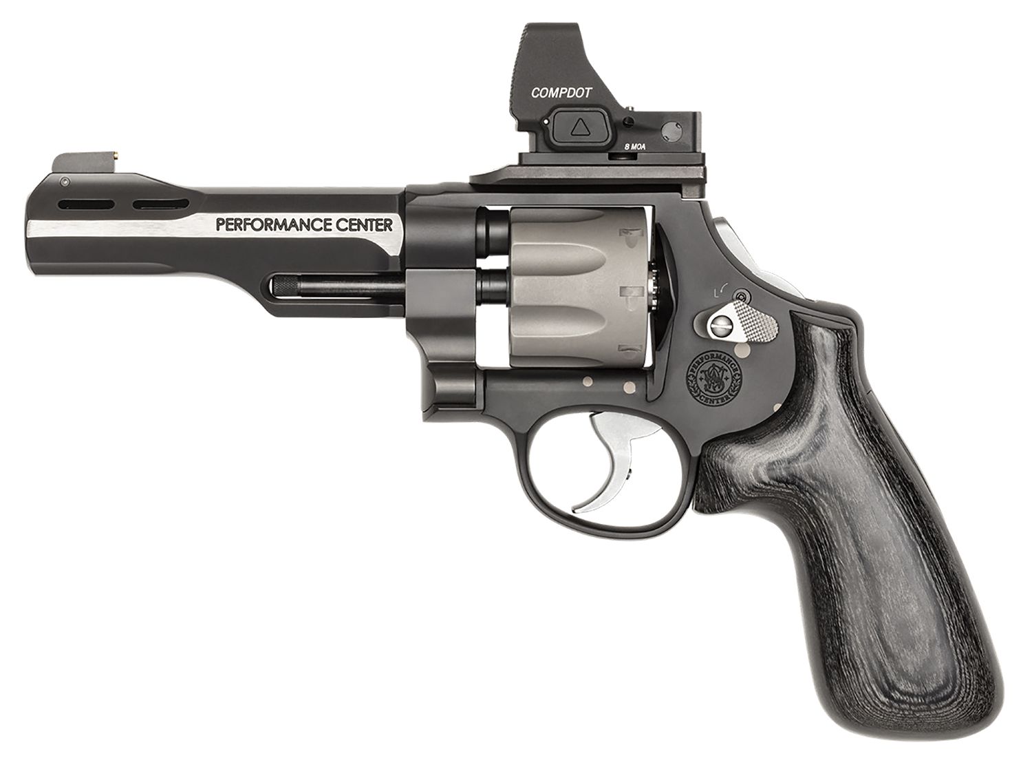 Smith & Wesson (14045) Performance Center Model 327 WR, 9mm, 8rnd, 5" Black/SS Ported Barrel, Black Scandium Frame, JM Signature Black Laminate Grip, Vortex RDS